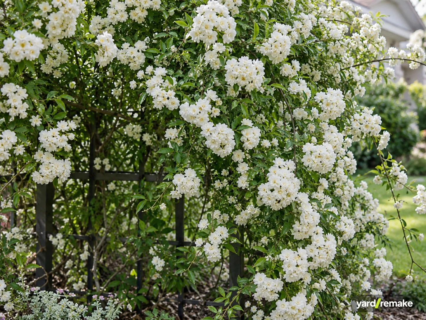 A mature Lady Banks' Rose (Rosa banksiae) growing in a residential garden bed