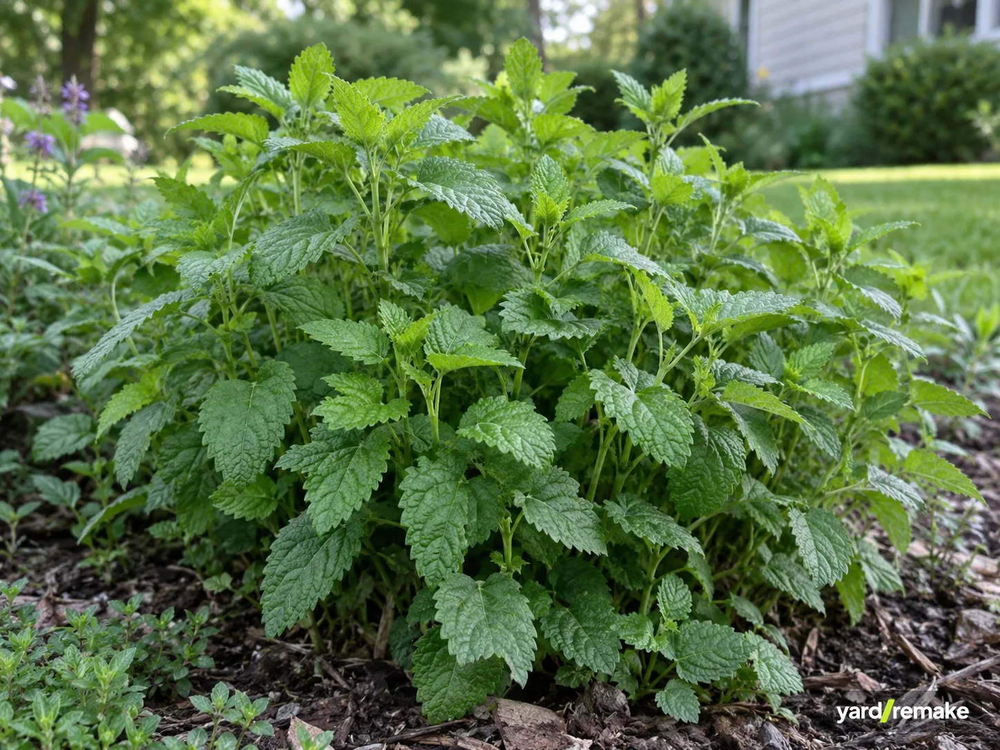 A mature Lemon Balm (Melissa officinalis) growing in a residential garden bed