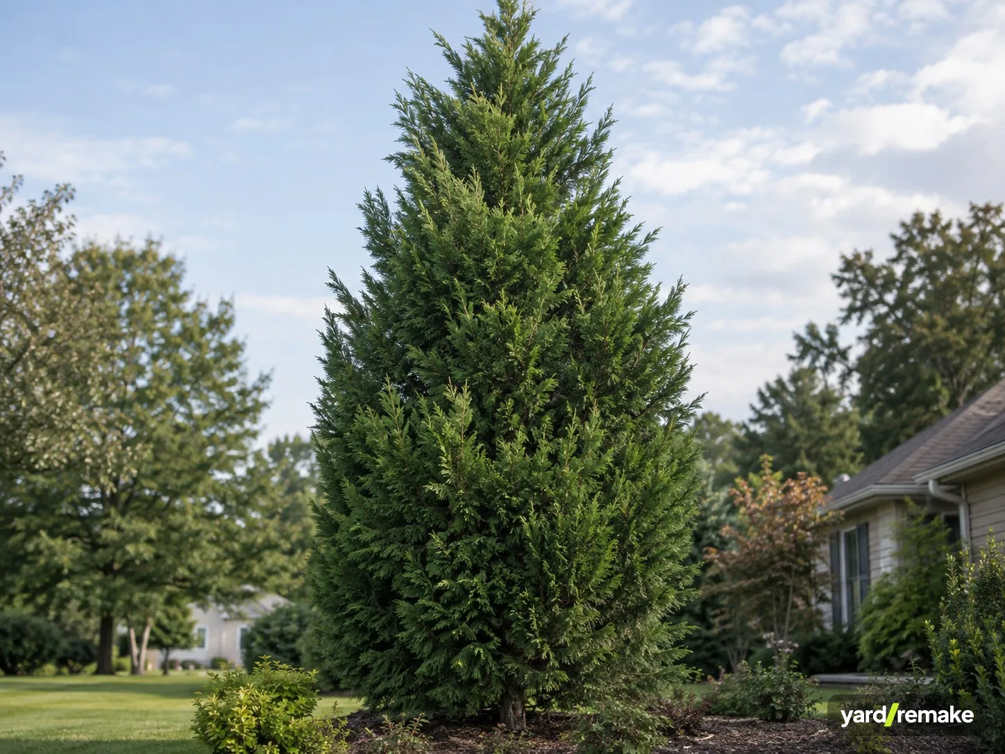 A mature Leyland Cypress (Cupressus x leylandii) growing in a residential garden bed