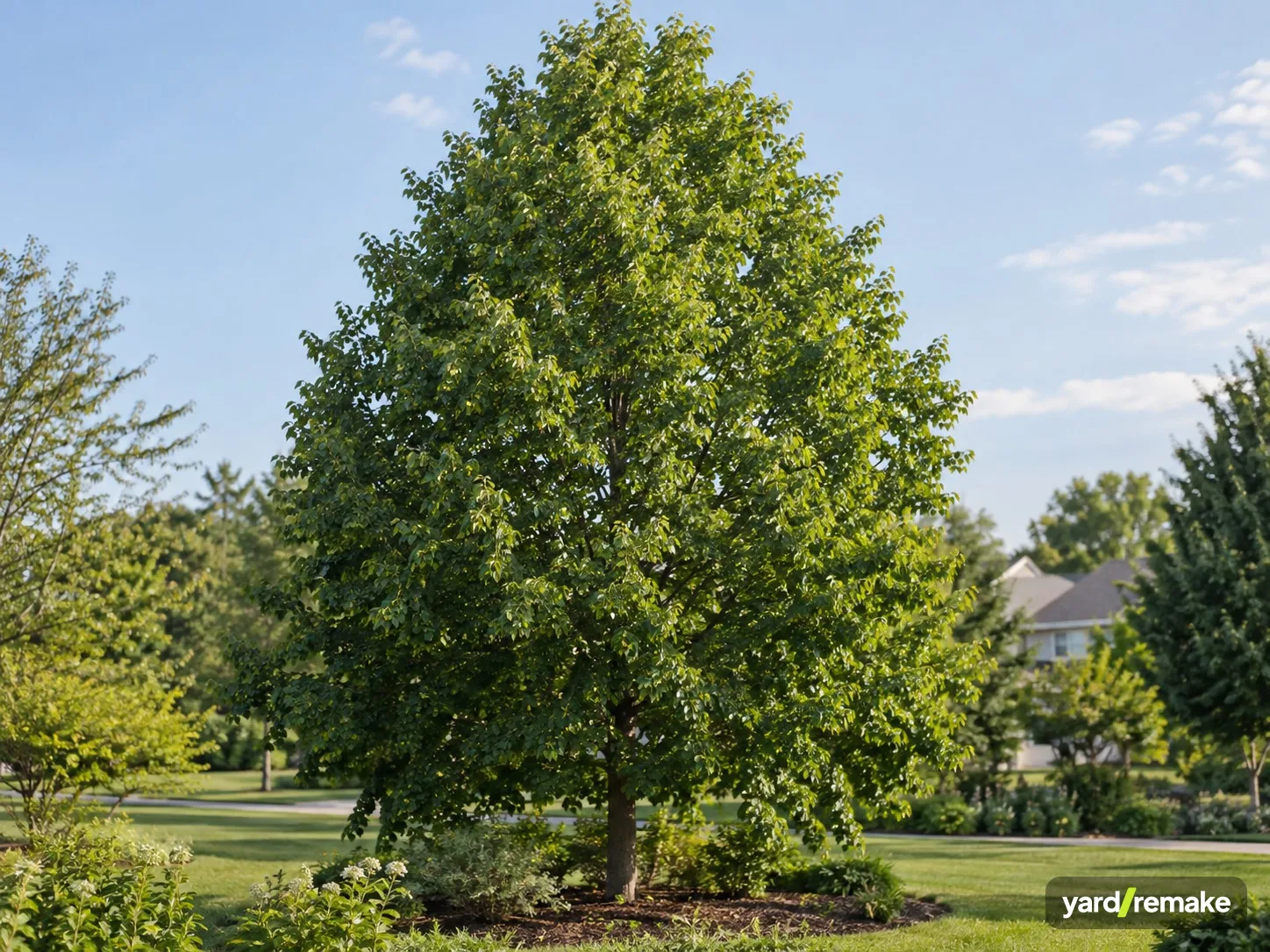 A mature Littleleaf Linden (Tilia cordata) growing in a residential garden bed