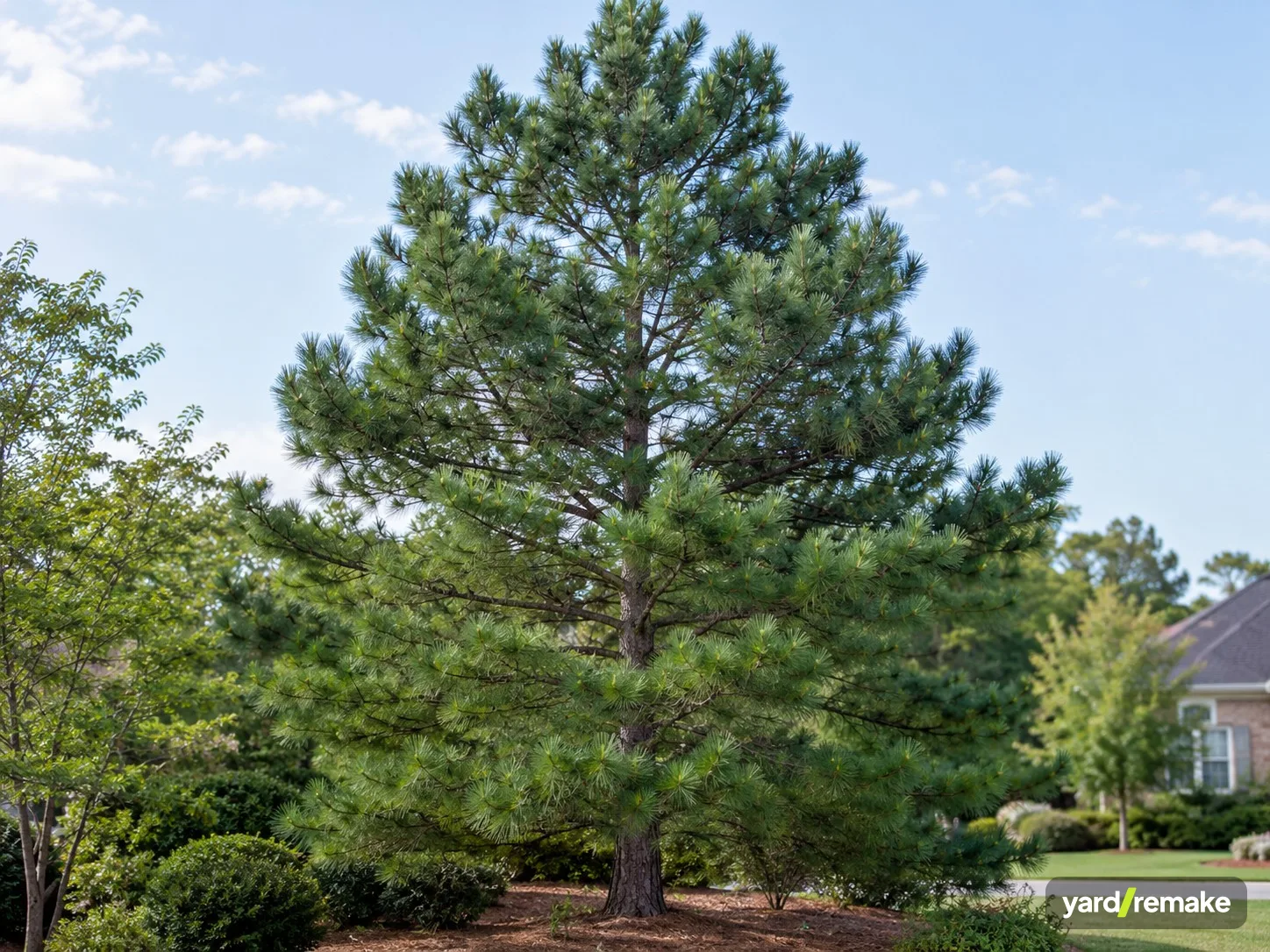 A mature Loblolly Pine (Pinus taeda) growing in a residential garden bed