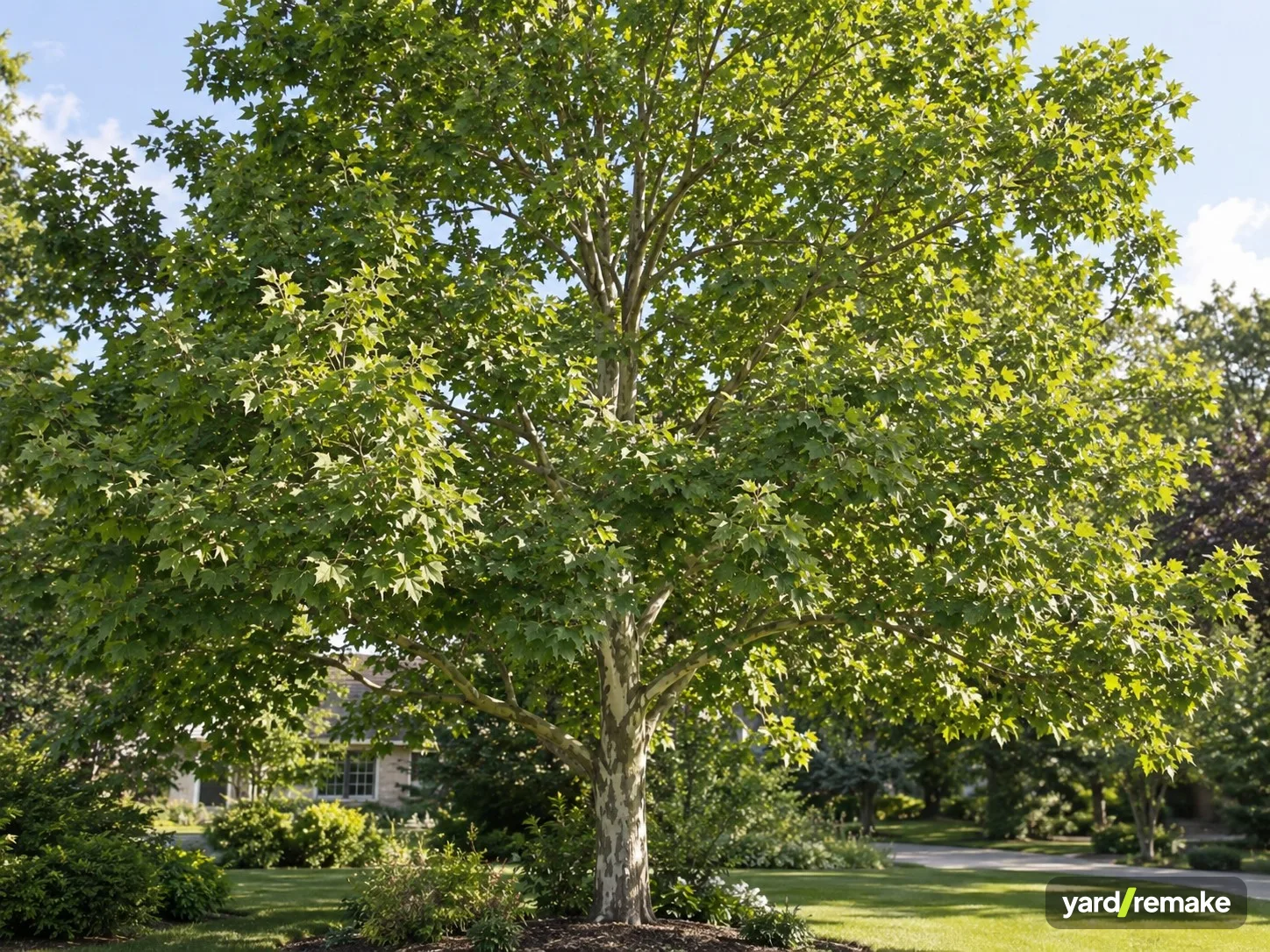 A mature London Planetree (Platanus x acerifolia) growing in a residential garden bed