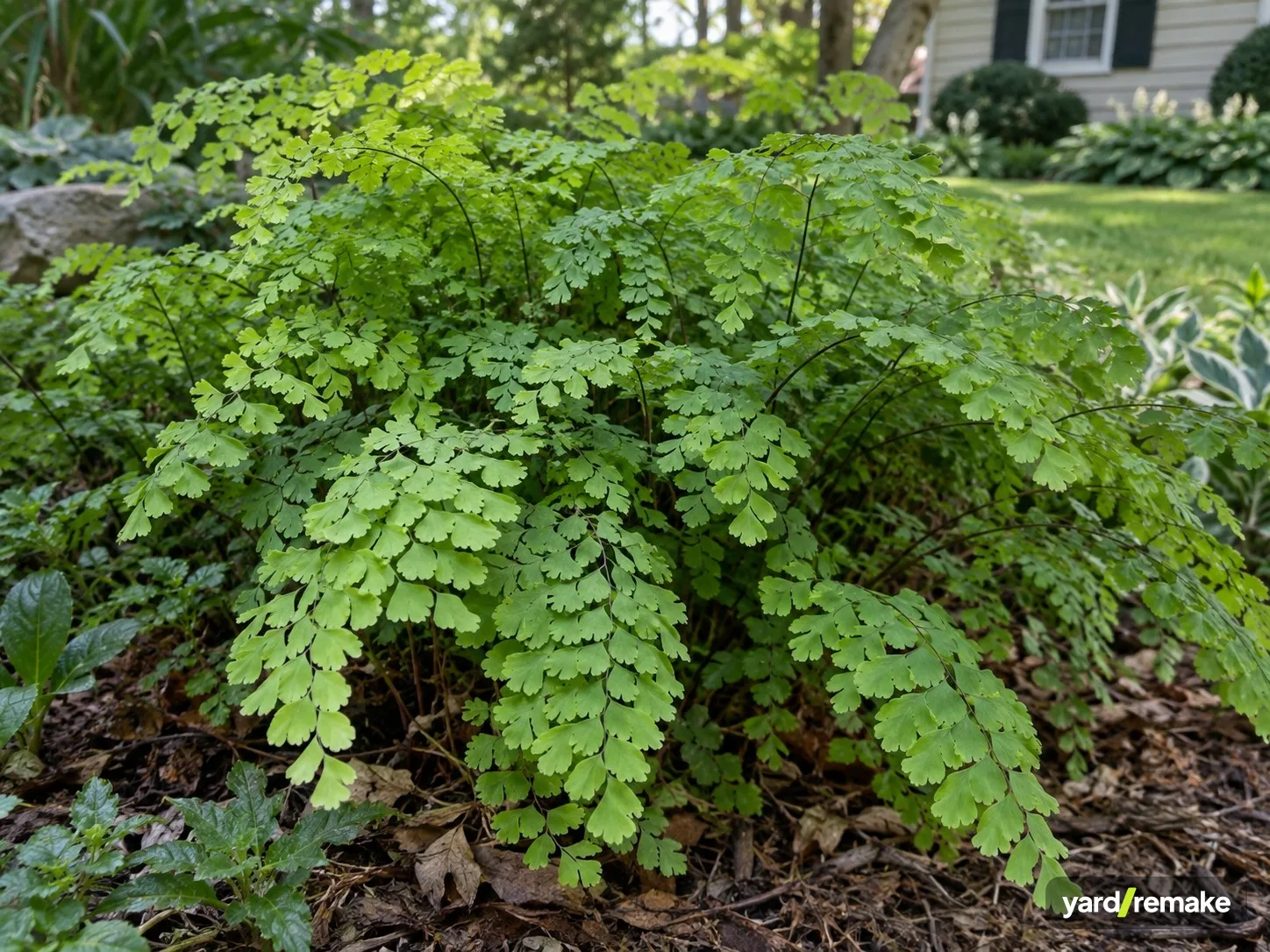 A mature Maidenhair Fern (Adiantum pedatum) growing in a residential garden bed