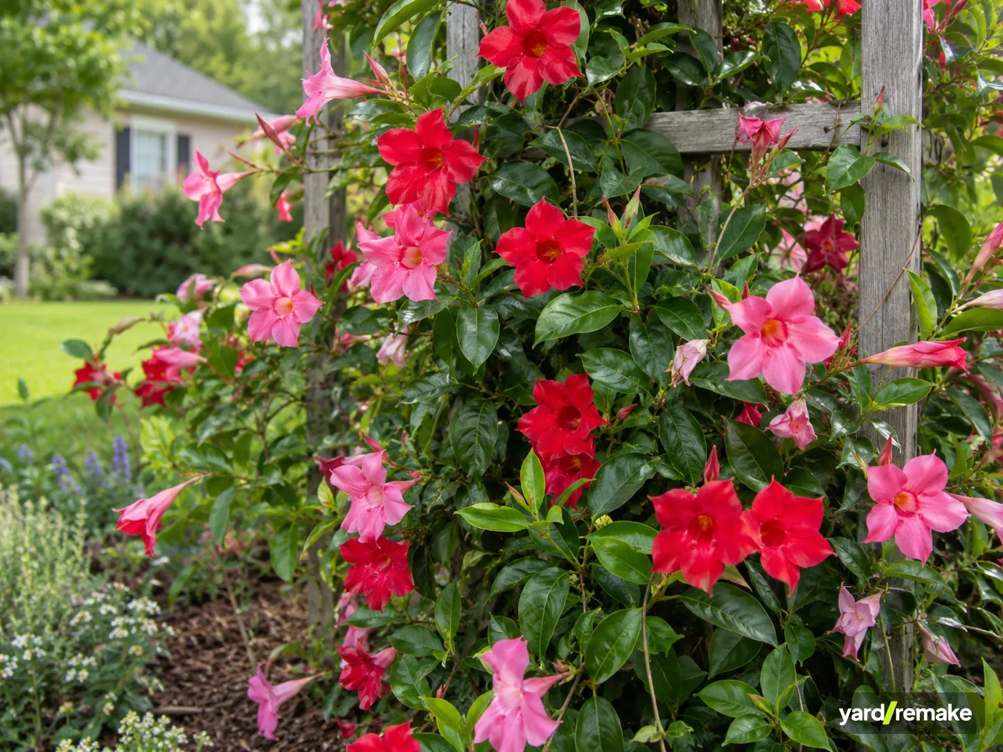 A mature Mandevilla (Mandevilla sanderi) growing in a residential garden bed