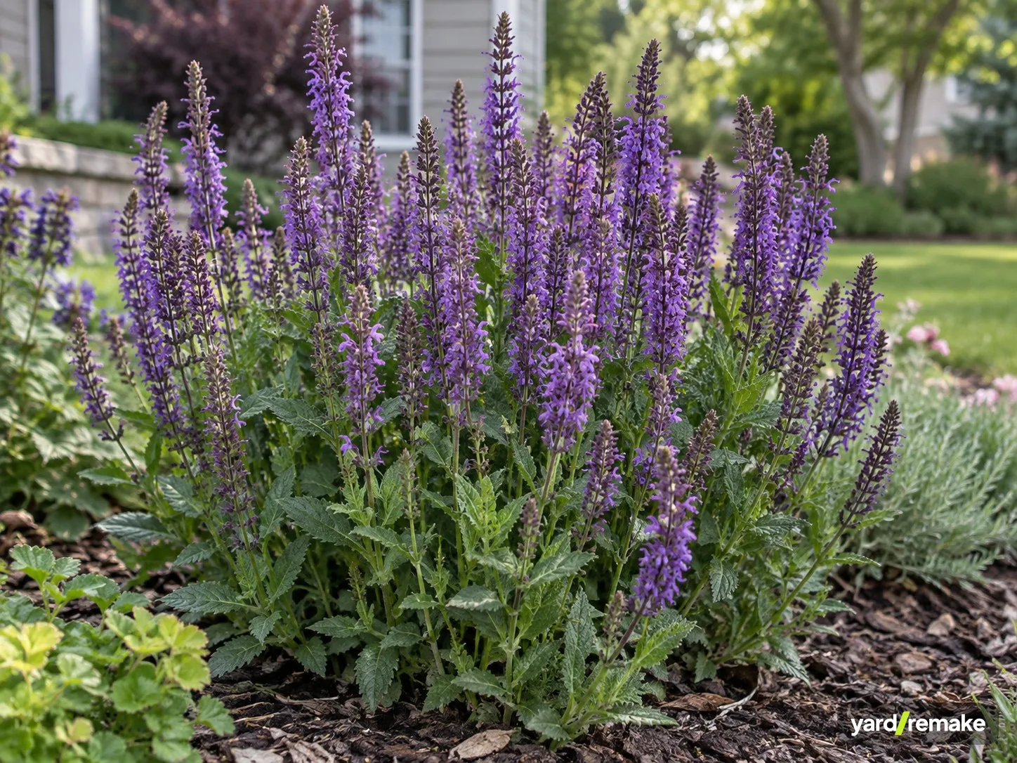 A mature Meadow Sage (Salvia nemorosa) growing in a residential garden bed