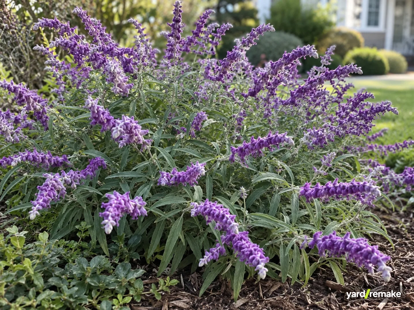 A mature Mexican Bush Sage (Salvia leucantha) growing in a residential garden bed