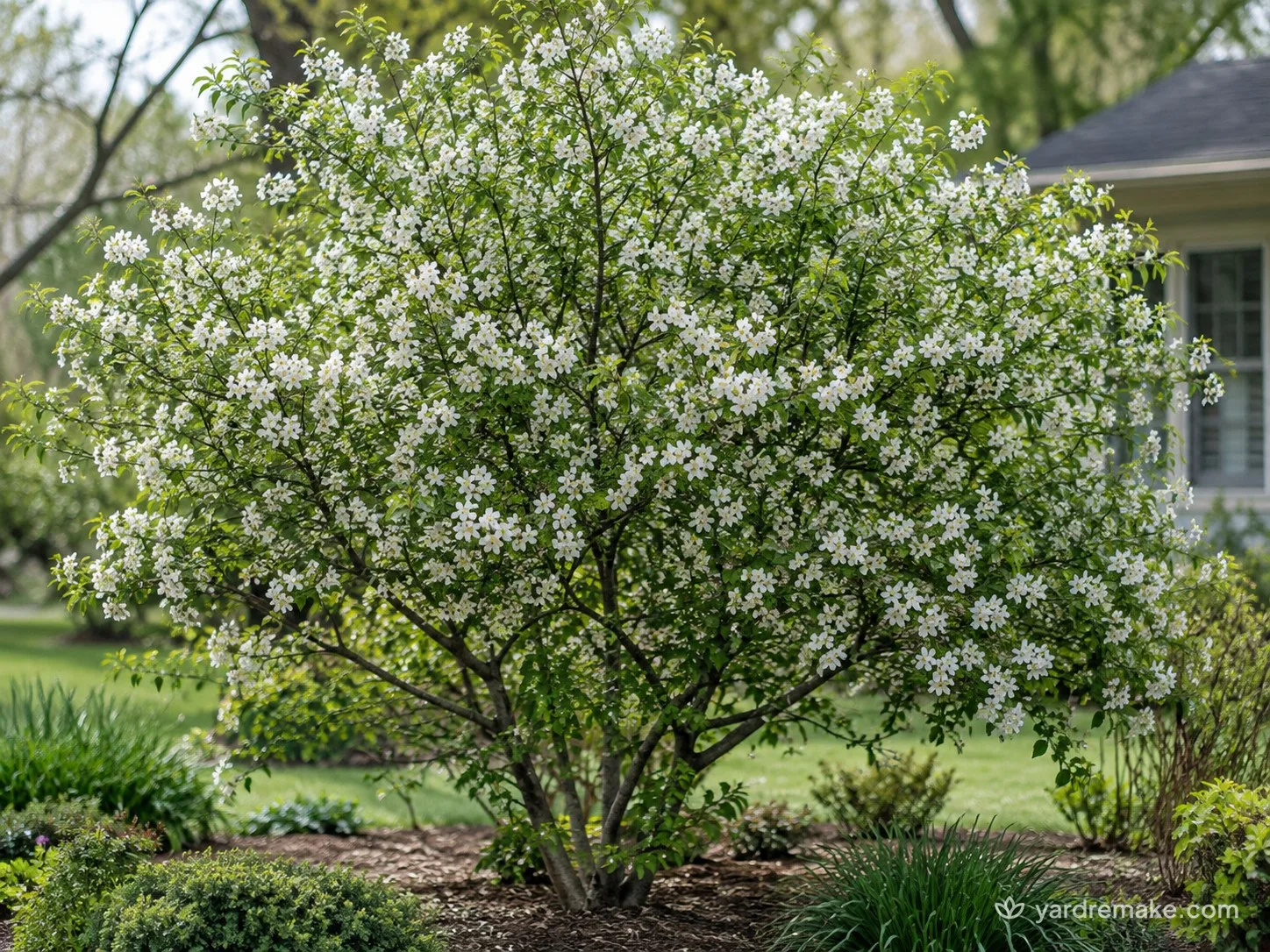 A mature Mexican Plum (Prunus mexicana) growing in a residential garden bed