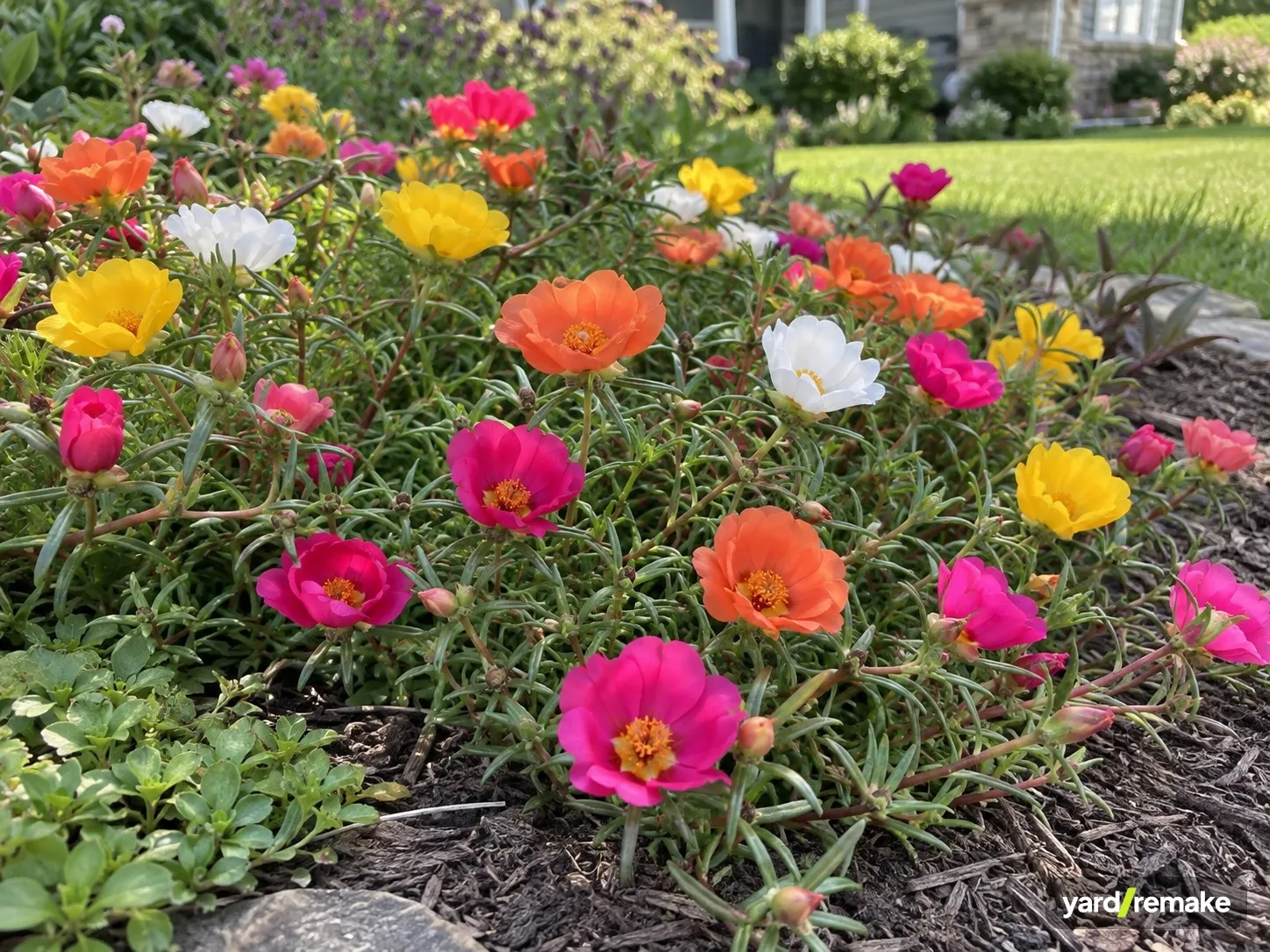A mature Moss Rose (Portulaca grandiflora) growing in a residential garden bed