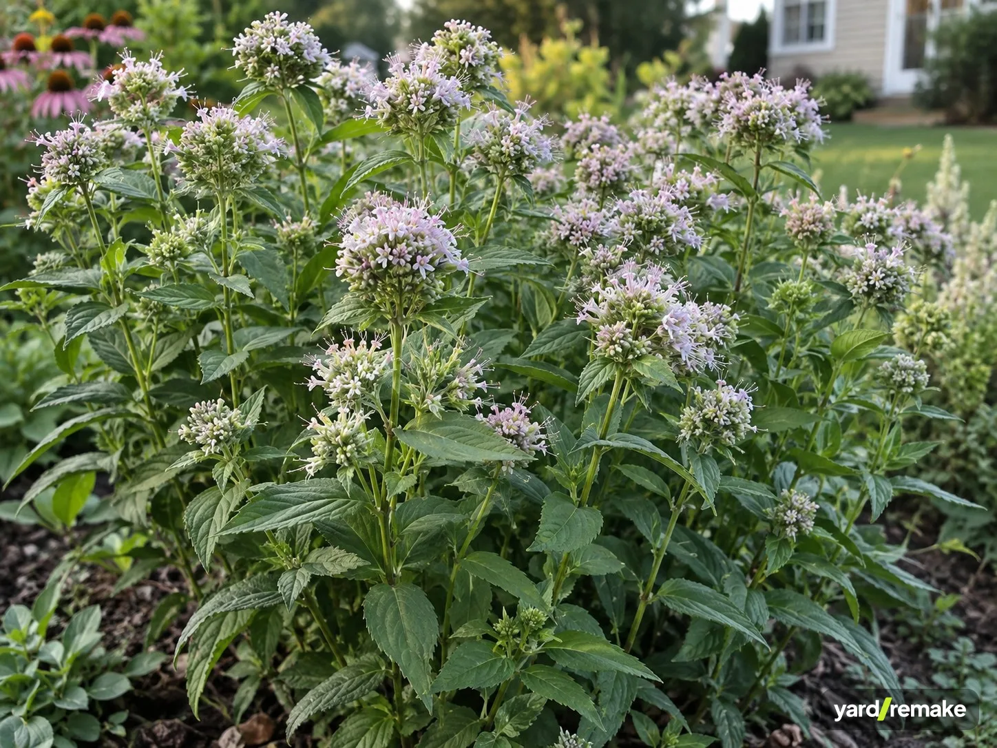 A mature Mountain Mint (Pycnanthemum muticum) growing in a residential garden bed