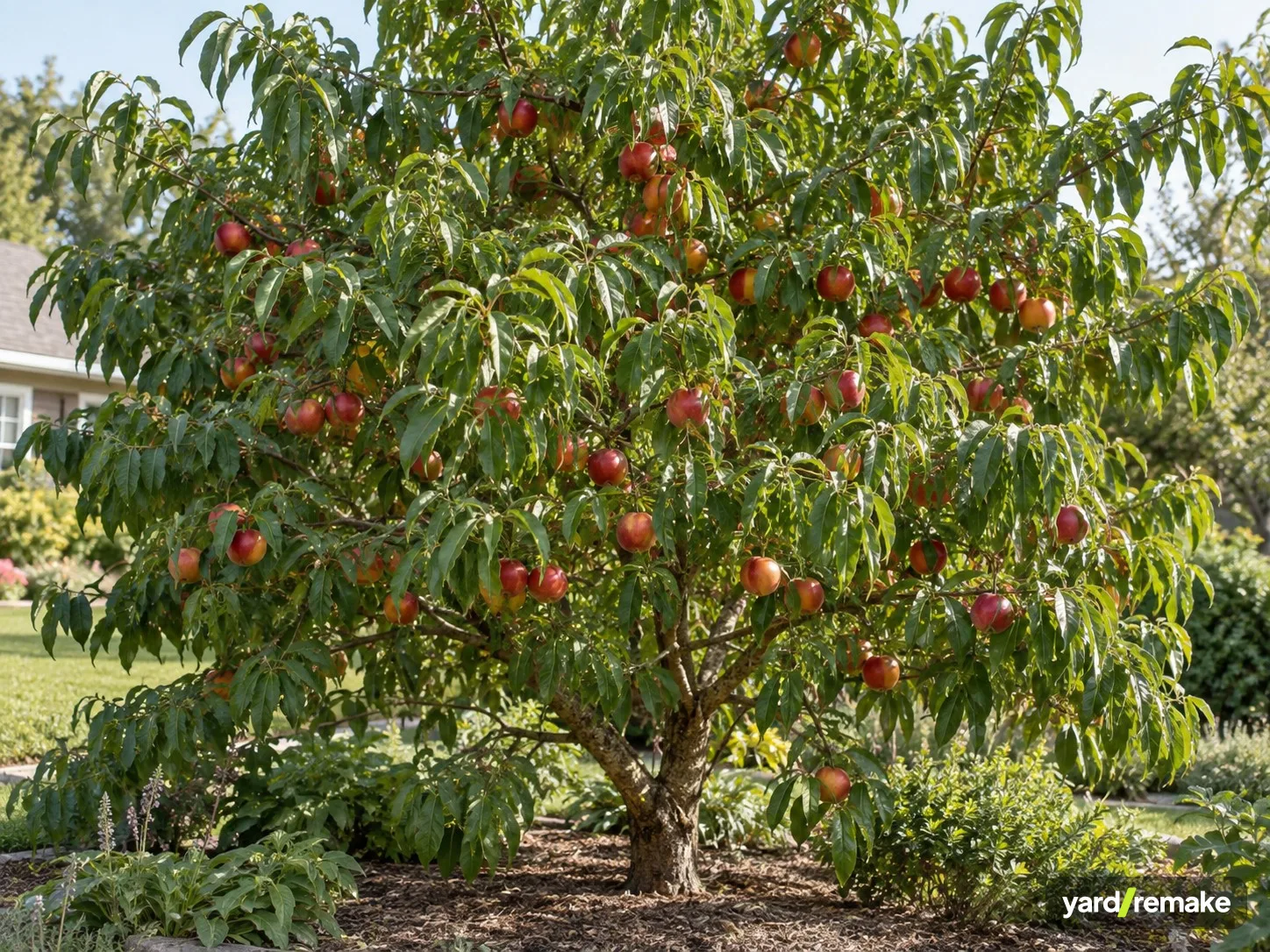 A mature Nectarine (Prunus persica var. nucipersica) growing in a residential garden bed