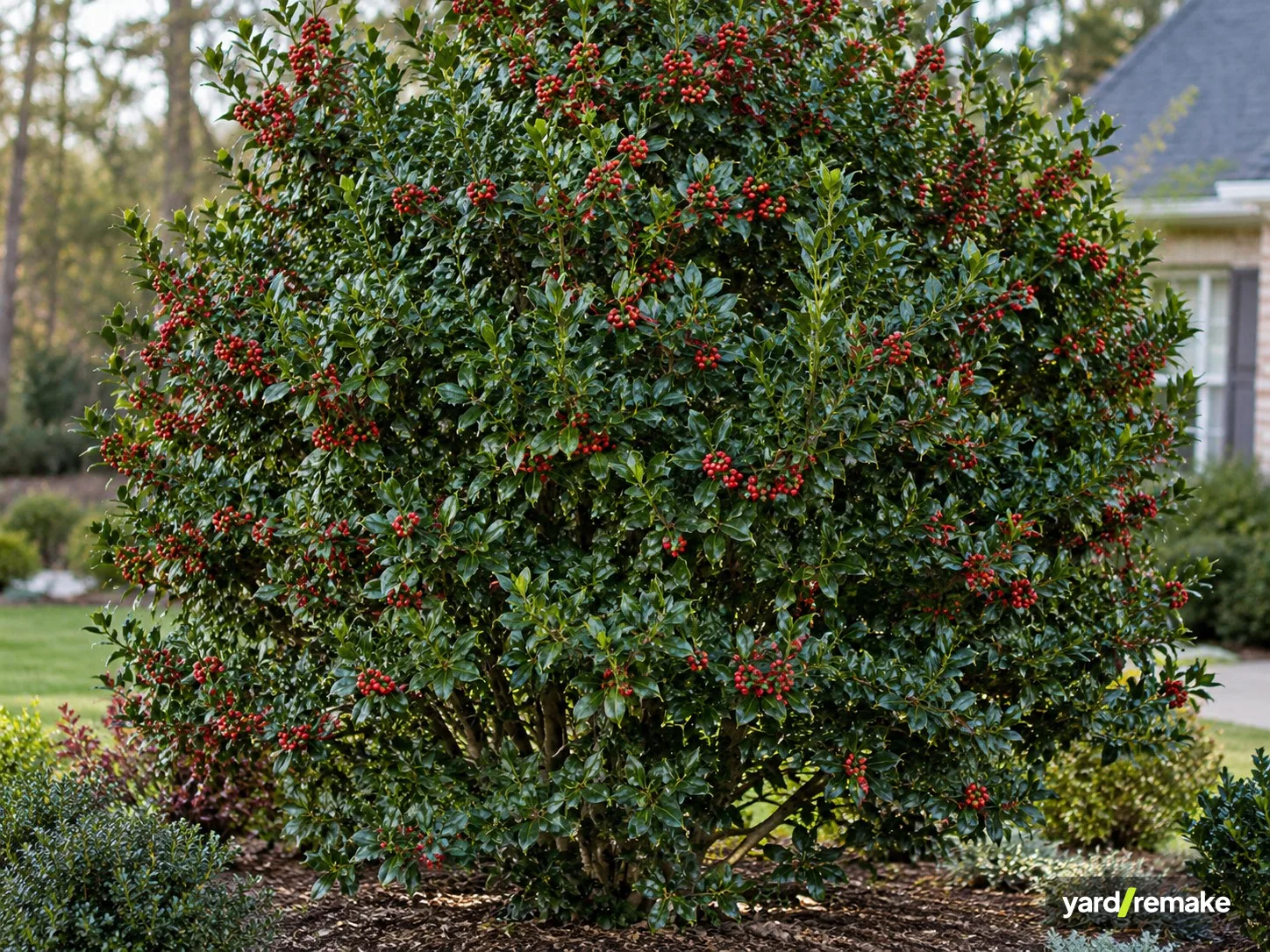 A mature Nellie Stevens Holly (Ilex 'Nellie R. Stevens') growing in a residential garden bed