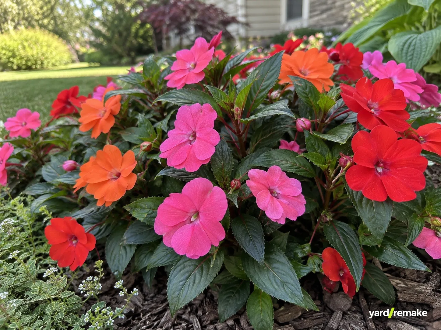 A mature New Guinea Impatiens (Impatiens hawkeri) growing in a residential garden bed