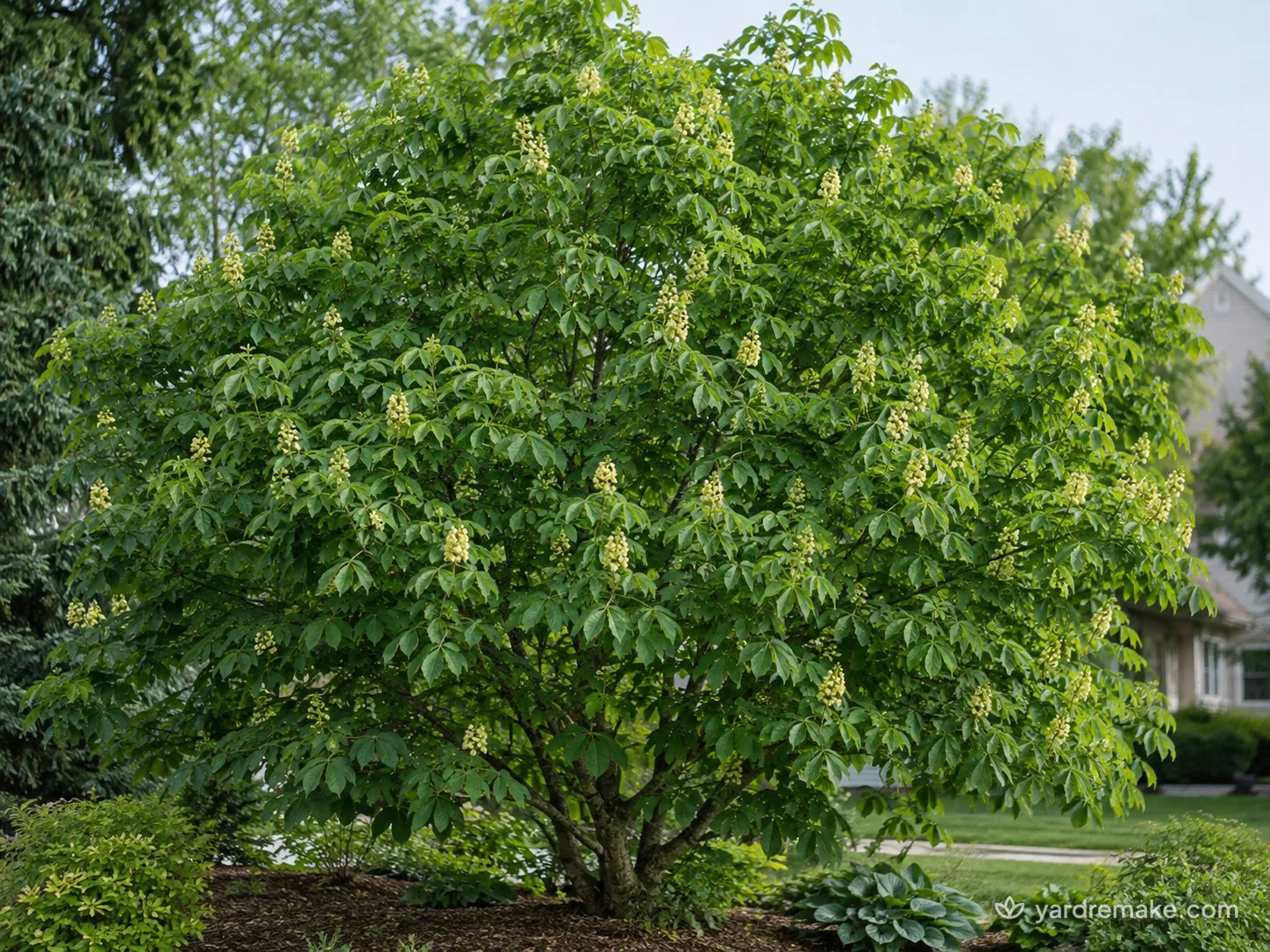 A mature Ohio Buckeye (Aesculus glabra) growing in a residential garden bed
