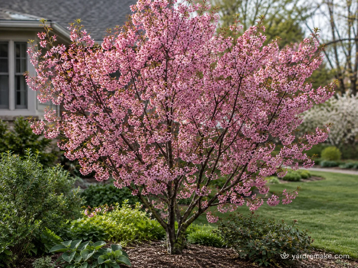 A mature Okame Flowering Cherry (Prunus × incam 'Okame') growing in a residential garden bed