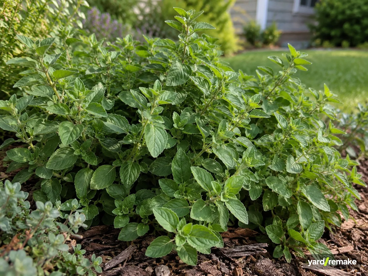 A mature Oregano (Origanum vulgare) growing in a residential garden bed