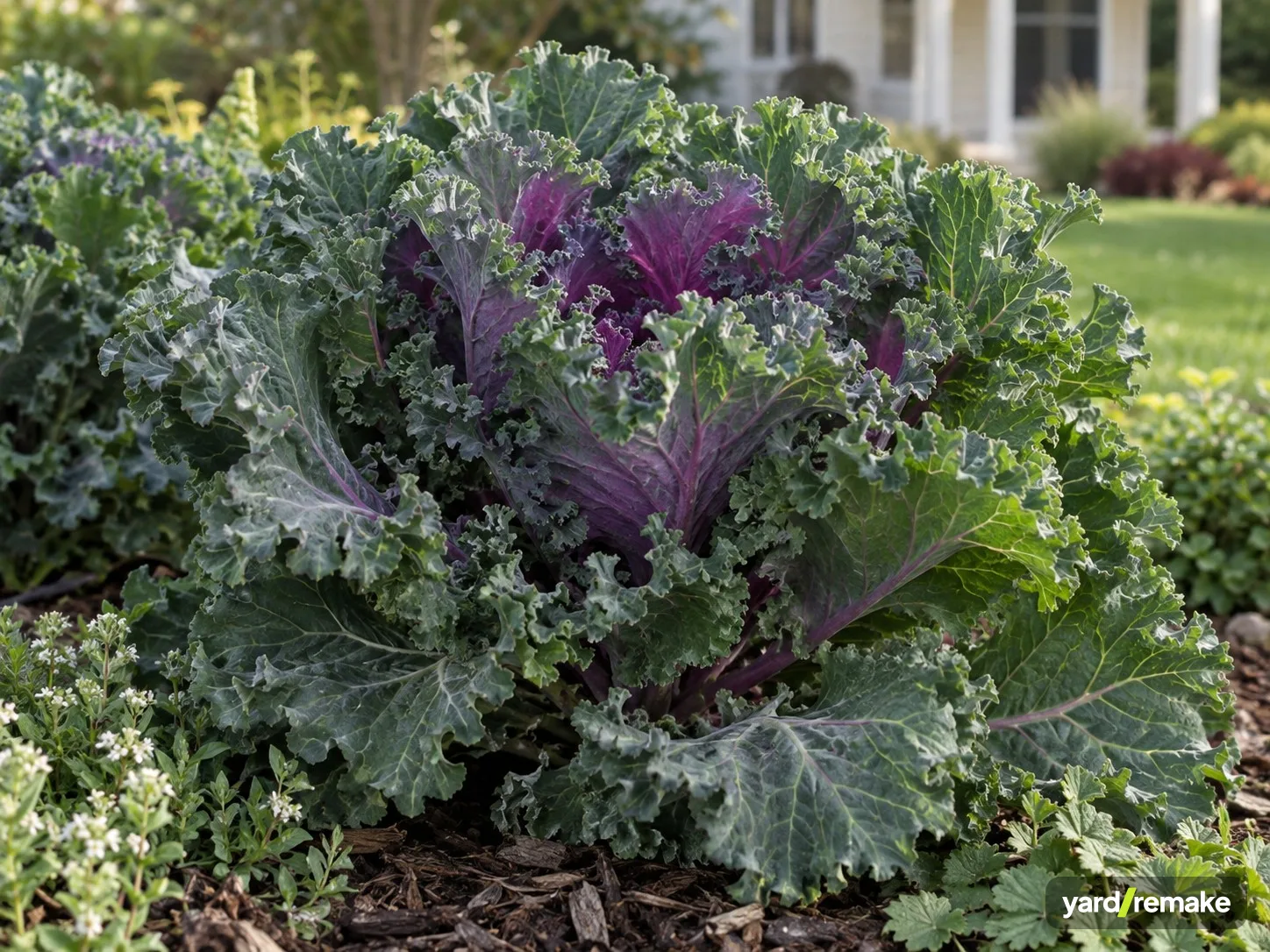 A mature Ornamental Kale (Brassica oleracea) growing in a residential garden bed