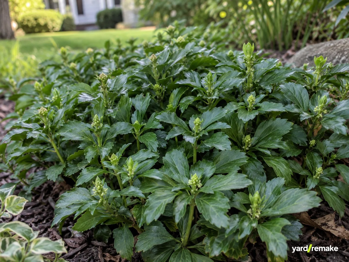 A mature Pachysandra (Pachysandra terminalis) growing in a residential garden bed