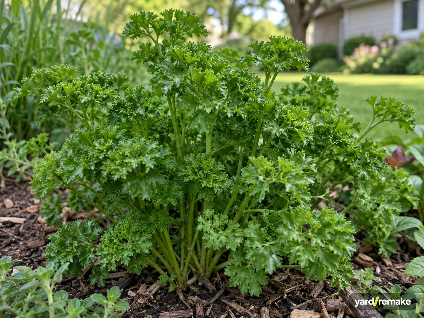 A mature Parsley (Petroselinum crispum) growing in a residential garden bed