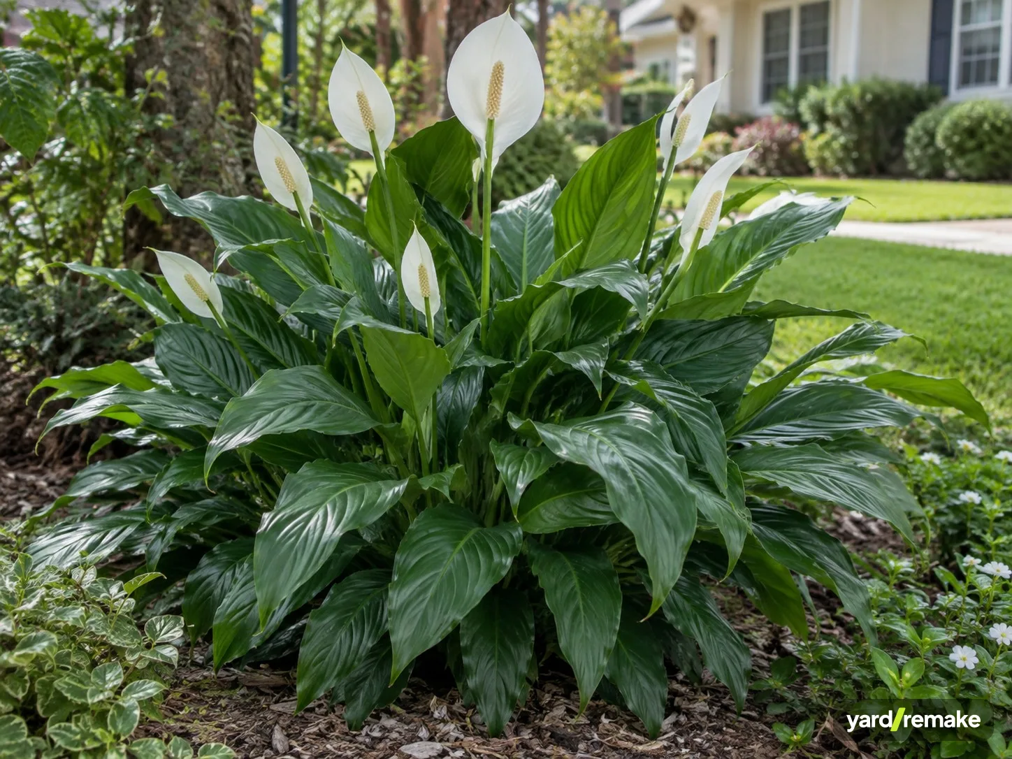 A mature Peace Lily (Spathiphyllum wallisii) growing in a residential garden bed