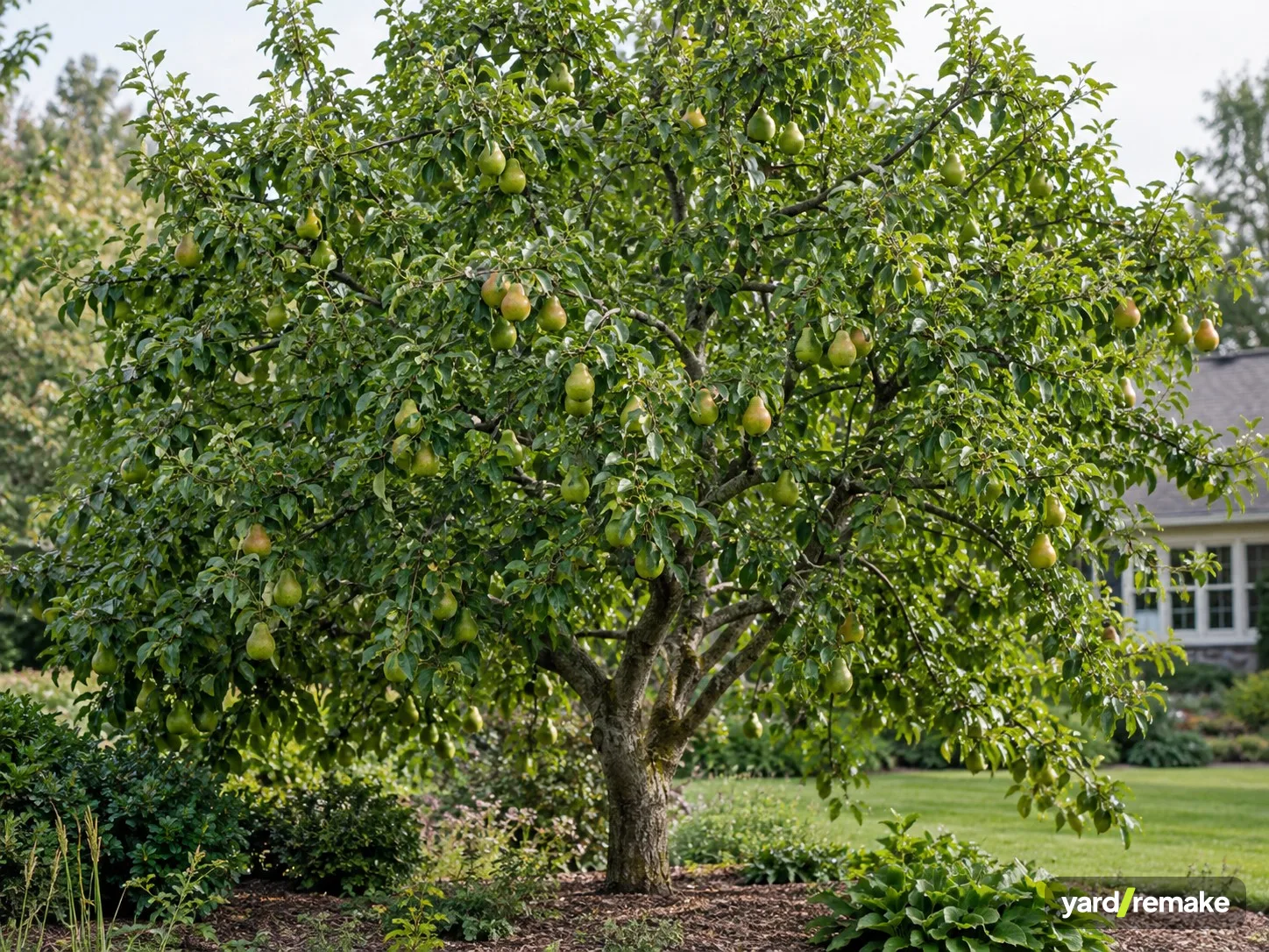 A mature Pear Tree (Pyrus communis) growing in a residential garden bed