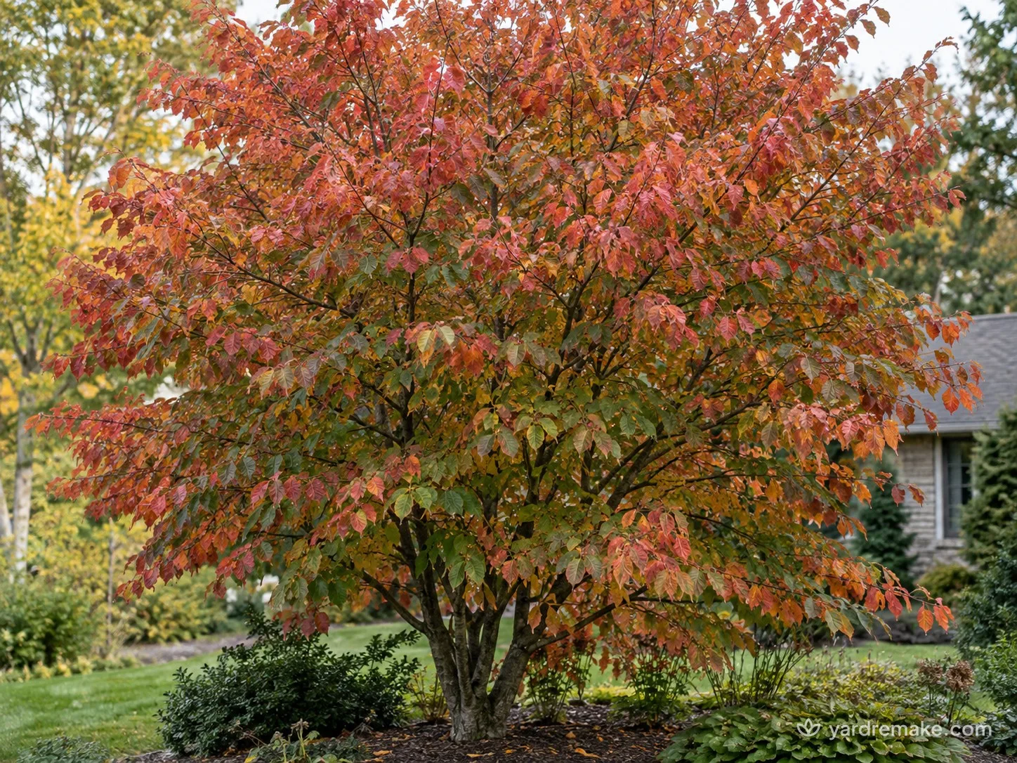 A mature Persian Ironwood (Parrotia persica) growing in a residential garden bed