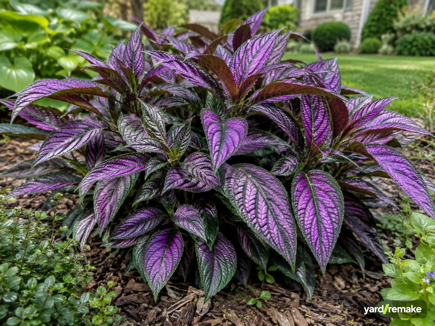 A mature Persian Shield (Strobilanthes dyerianus) growing in a residential garden bed