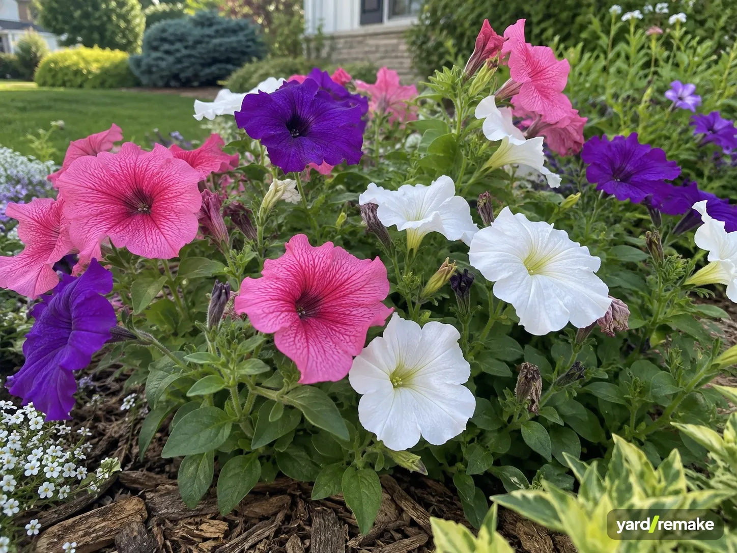 A mature Petunia (Petunia × hybrida) growing in a residential garden bed