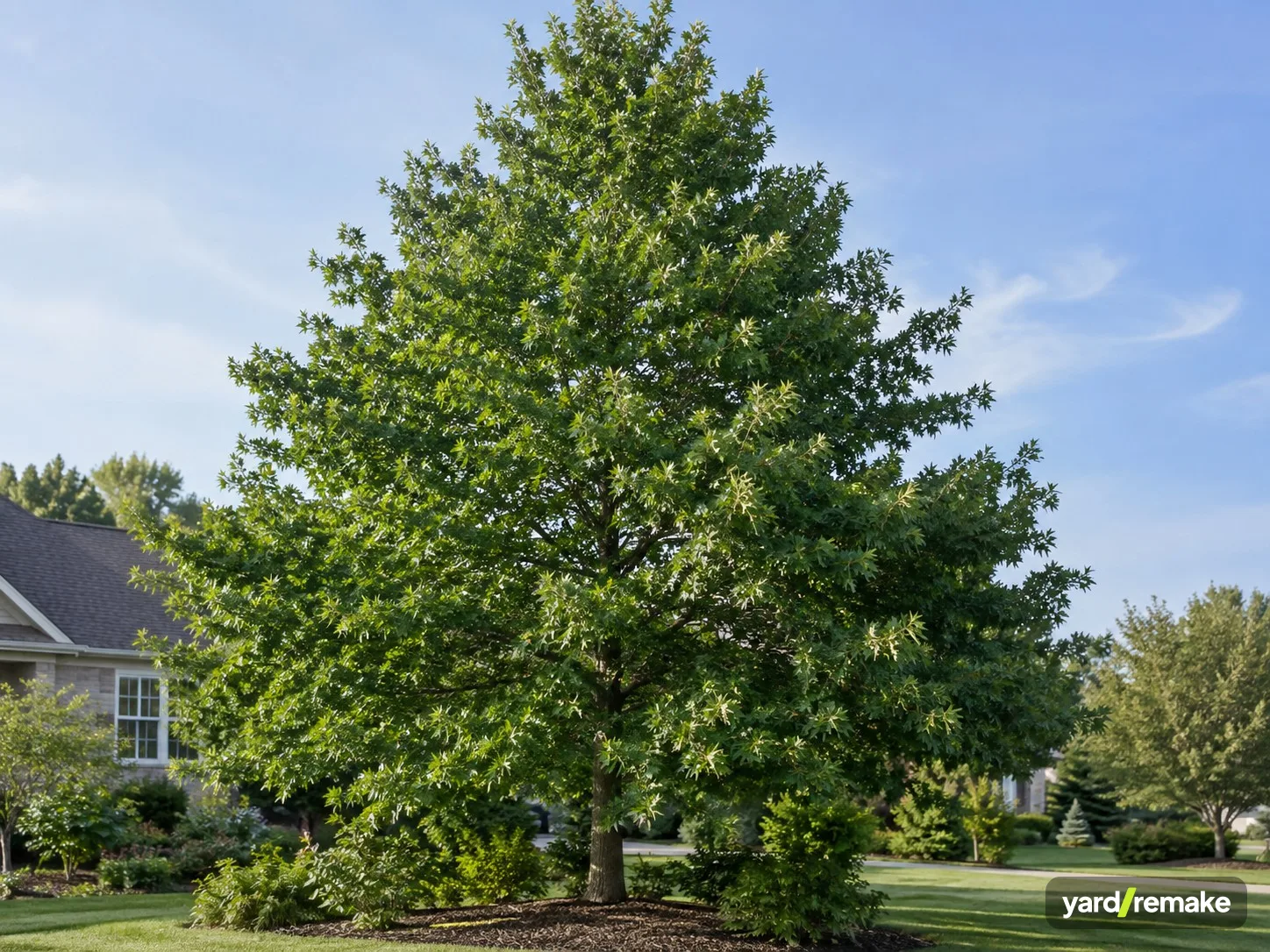 A mature Pin Oak (Quercus palustris) growing in a residential garden bed