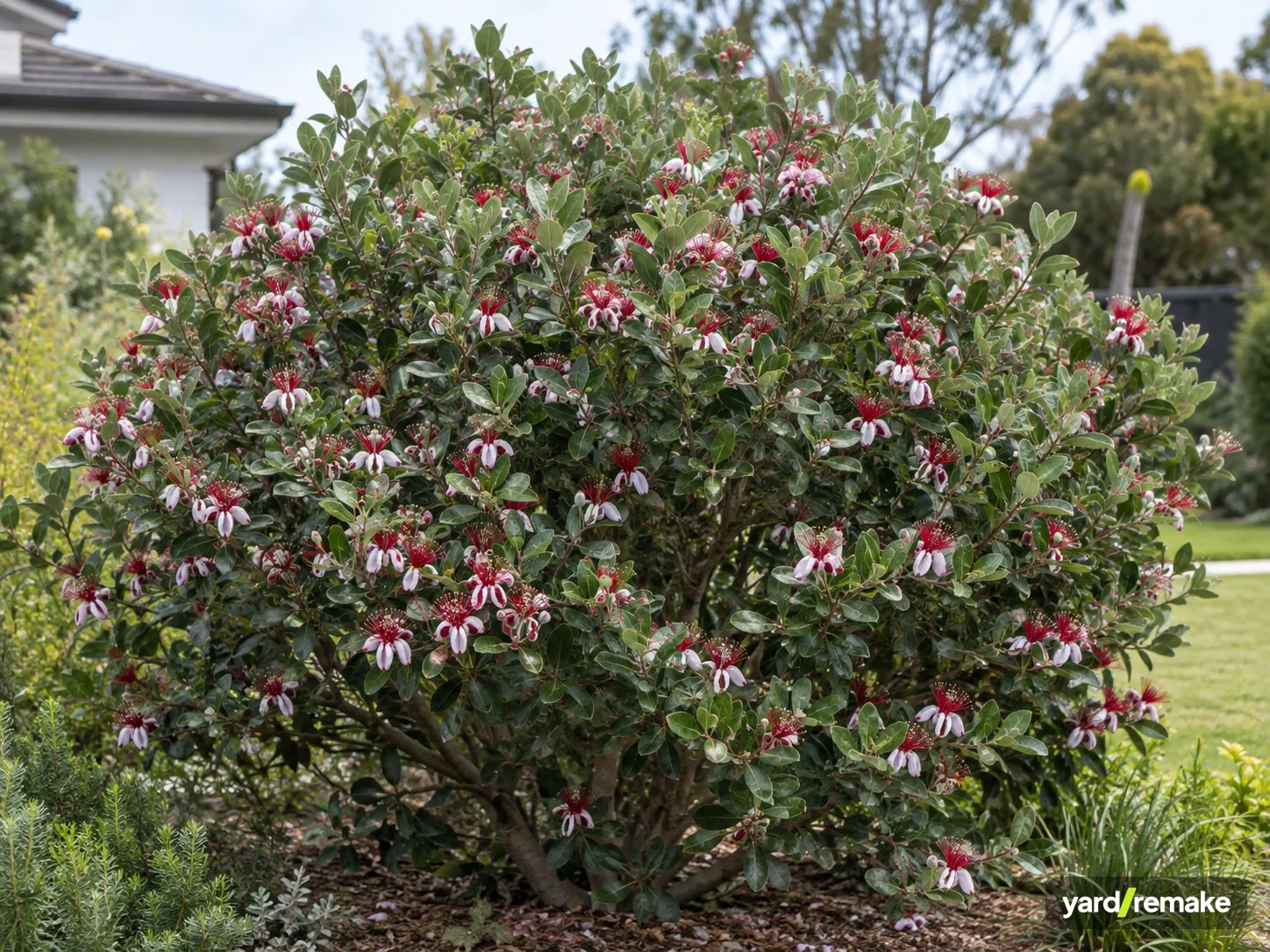 A mature Pineapple Guava (Feijoa sellowiana) growing in a residential garden bed