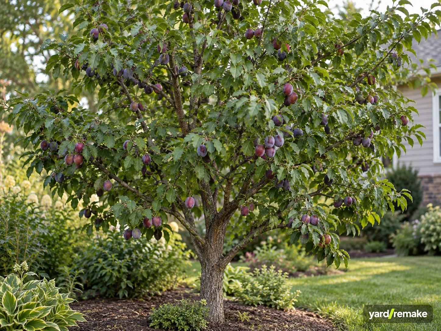 A mature Plum Tree (Prunus domestica) growing in a residential garden bed
