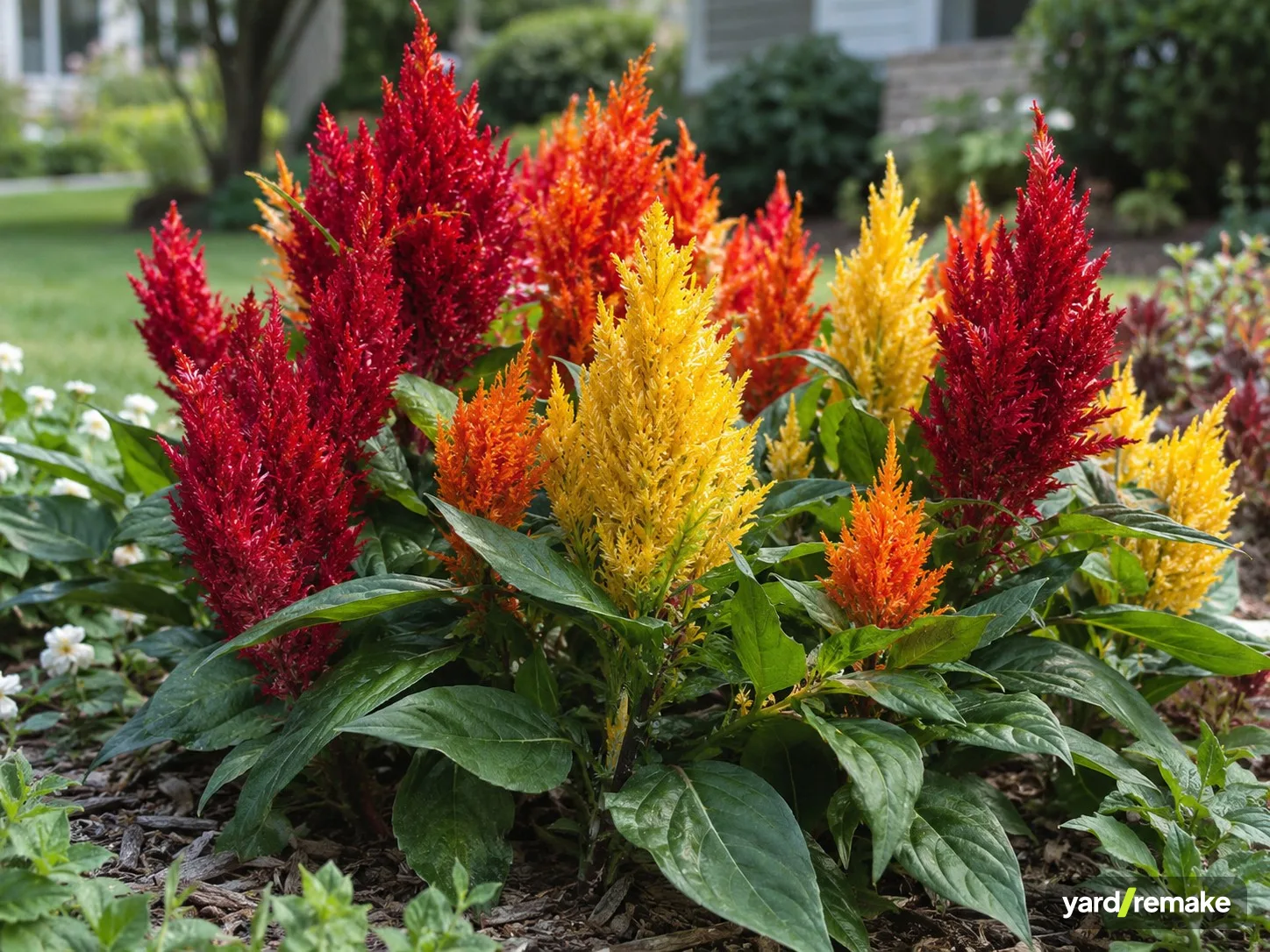 A mature Plumed Celosia (Celosia argentea var. plumosa) growing in a residential garden bed