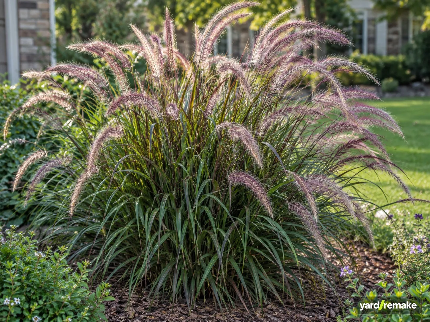 A mature Purple Fountain Grass (Pennisetum setaceum) growing in a residential garden bed