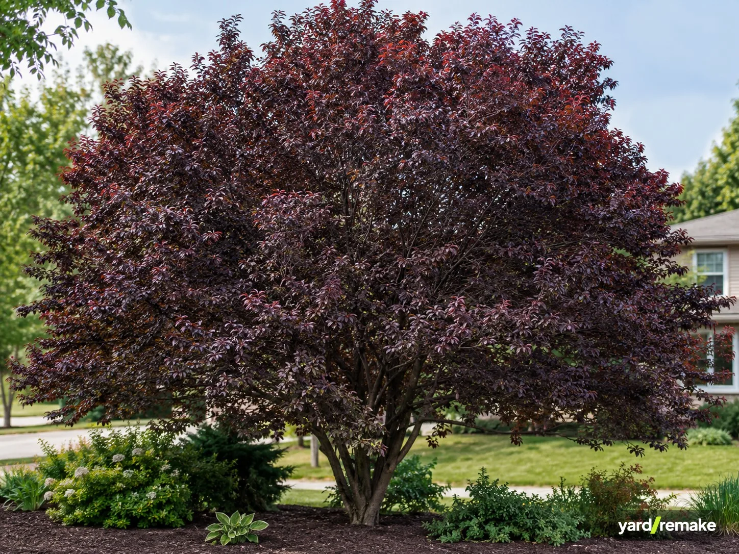 A mature Purpleleaf Plum (Prunus cerasifera) growing in a residential garden bed