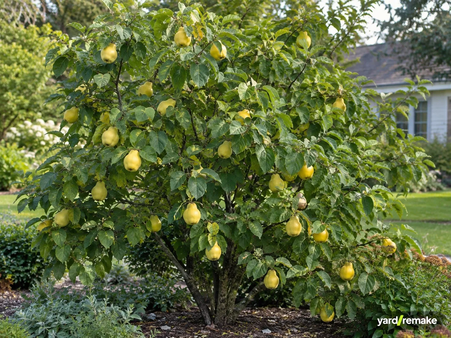 A mature Quince (Cydonia oblonga) growing in a residential garden bed