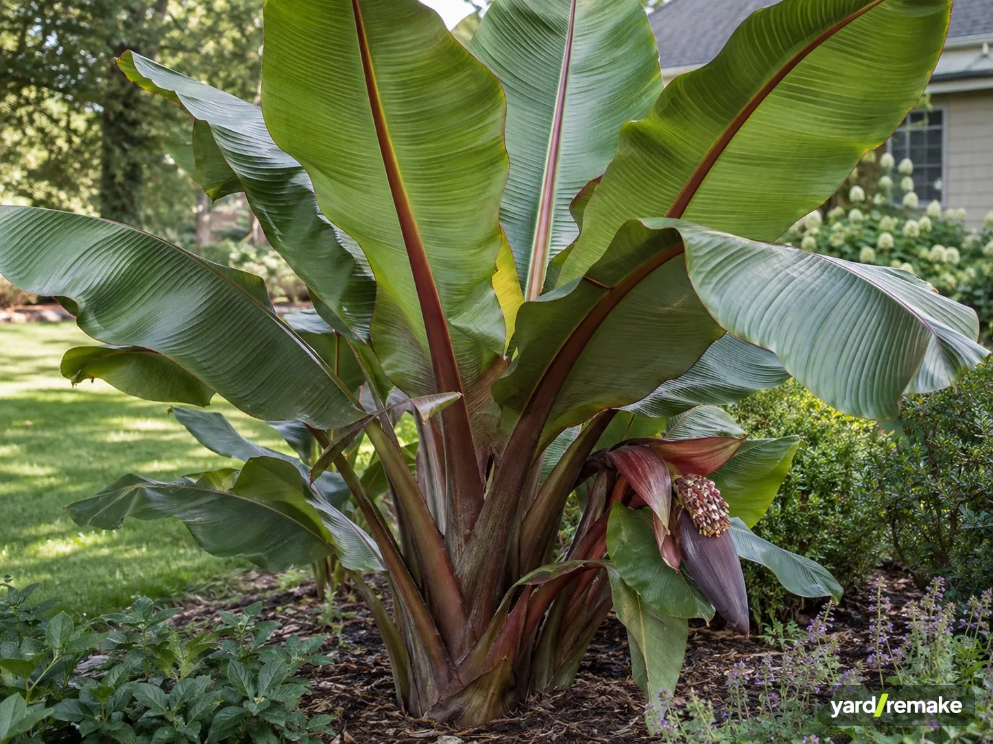 A mature Red Abyssinian Banana (Ensete ventricosum 'Maurelii') growing in a residential garden bed