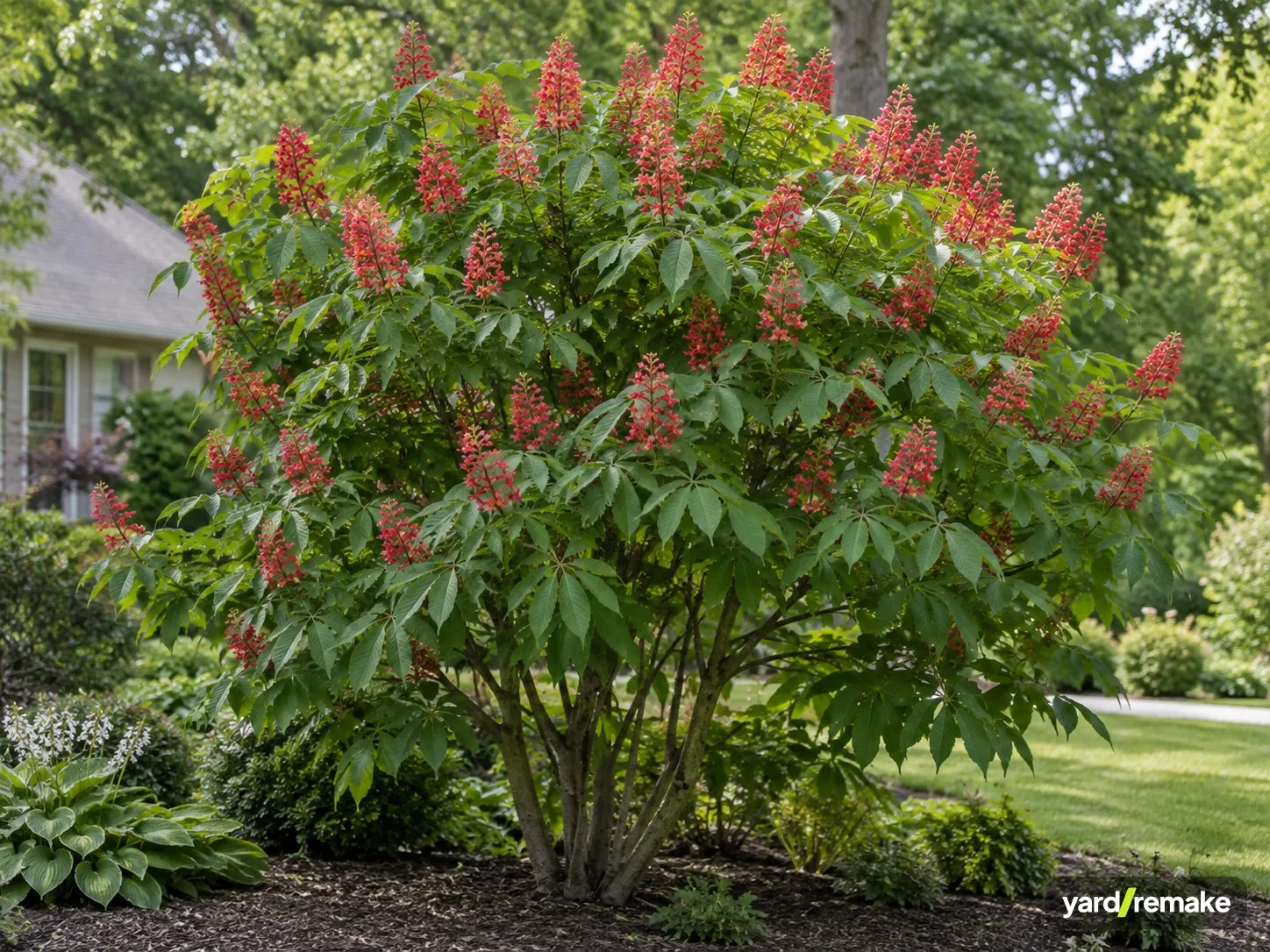 A mature Red Buckeye (Aesculus pavia) growing in a residential garden bed