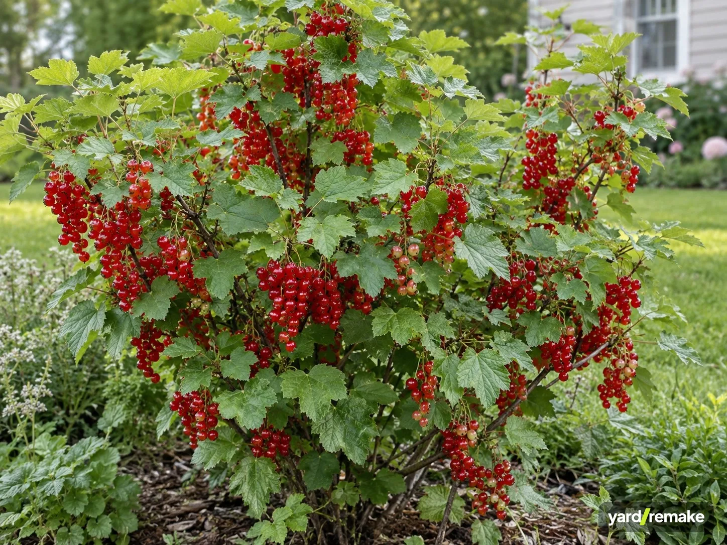 A mature Red Currant (Ribes rubrum) growing in a residential garden bed
