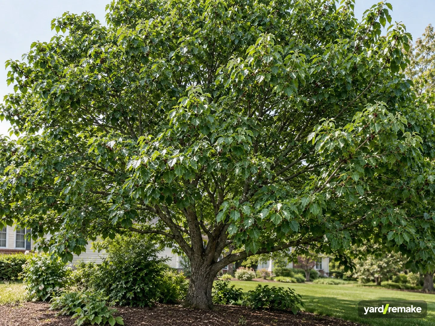 A mature Red Mulberry (Morus rubra) growing in a residential garden bed