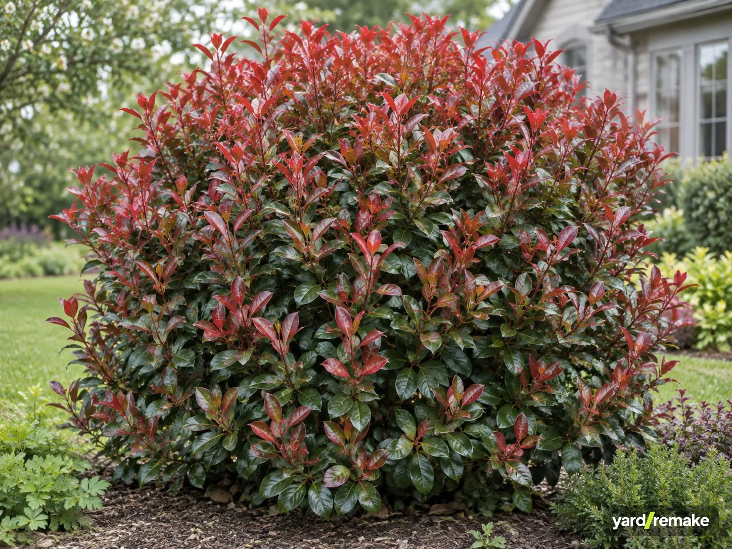A mature Red Tip Photinia (Photinia × fraseri) growing in a residential garden bed