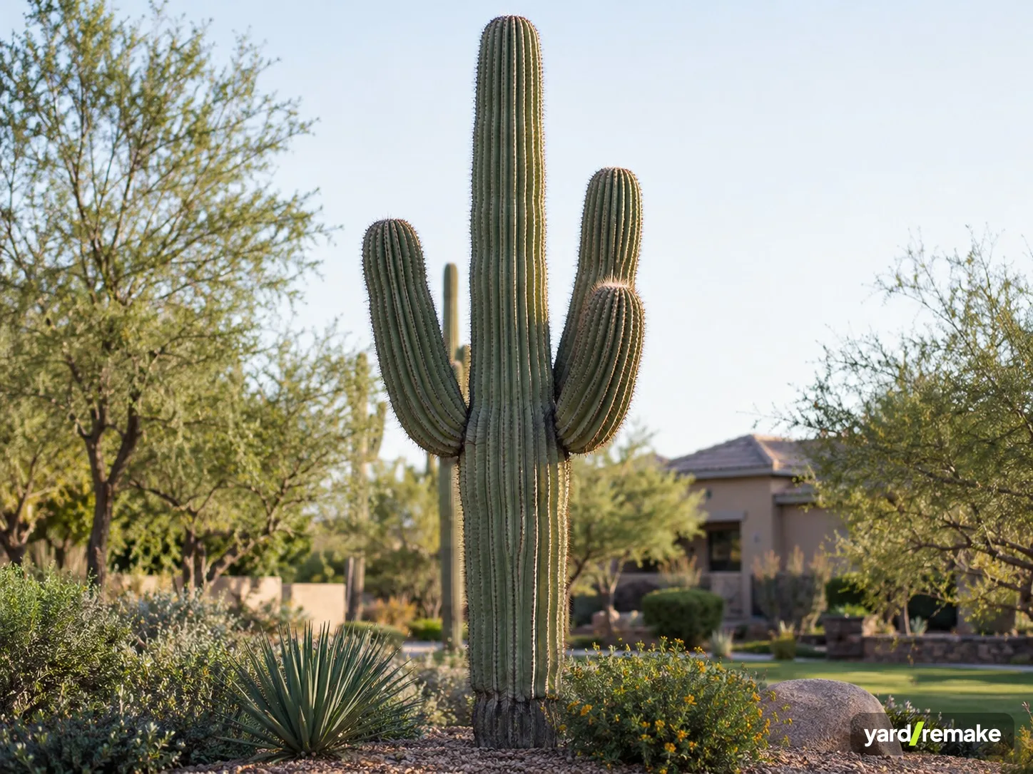 A mature Saguaro Cactus (Carnegiea gigantea) growing in a residential garden bed