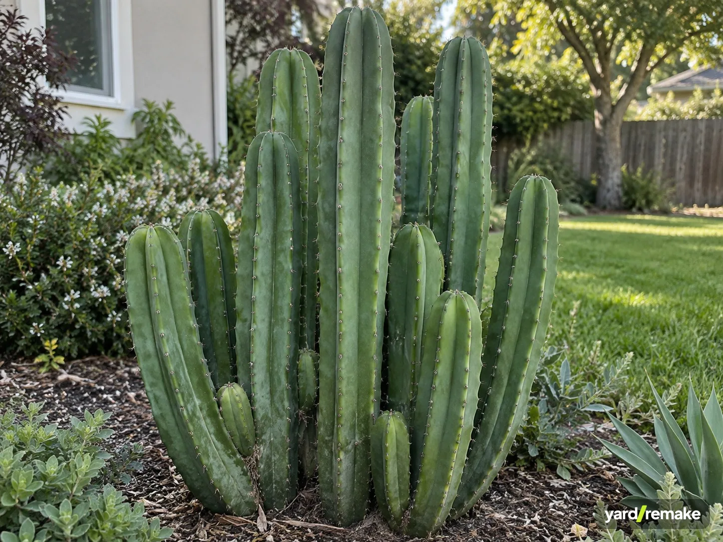 A mature San Pedro Cactus (Echinopsis pachanoi) growing in a residential garden bed