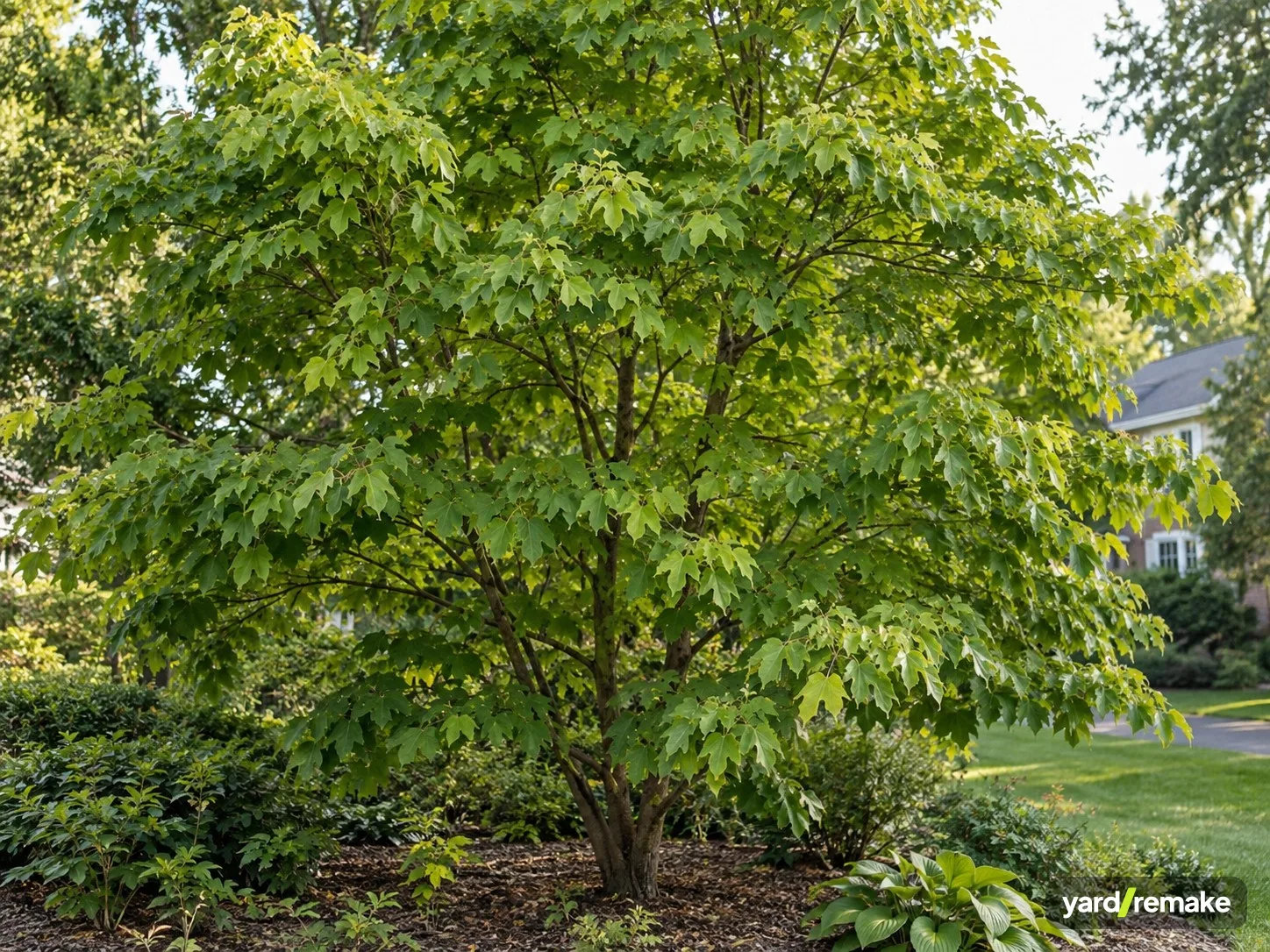 A mature Sassafras (Sassafras albidum) growing in a residential garden bed