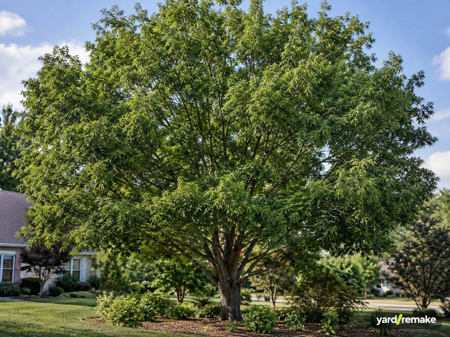 A mature Sawtooth Oak (Quercus acutissima) growing in a residential garden bed