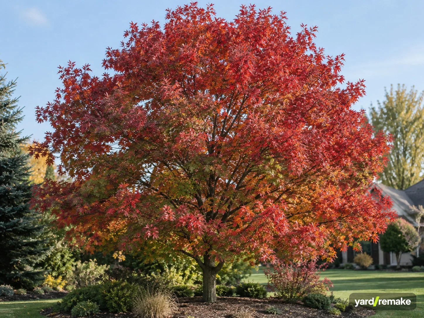 A mature Scarlet Oak (Quercus coccinea) growing in a residential garden bed