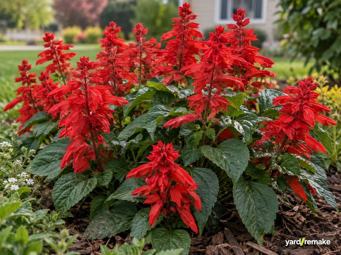 A mature Scarlet Sage (Salvia splendens) growing in a residential garden bed