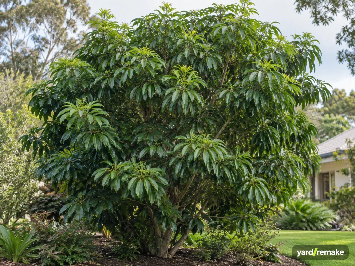 A mature Umbrella Plant (Schefflera) (Schefflera actinophylla) growing in a residential garden bed