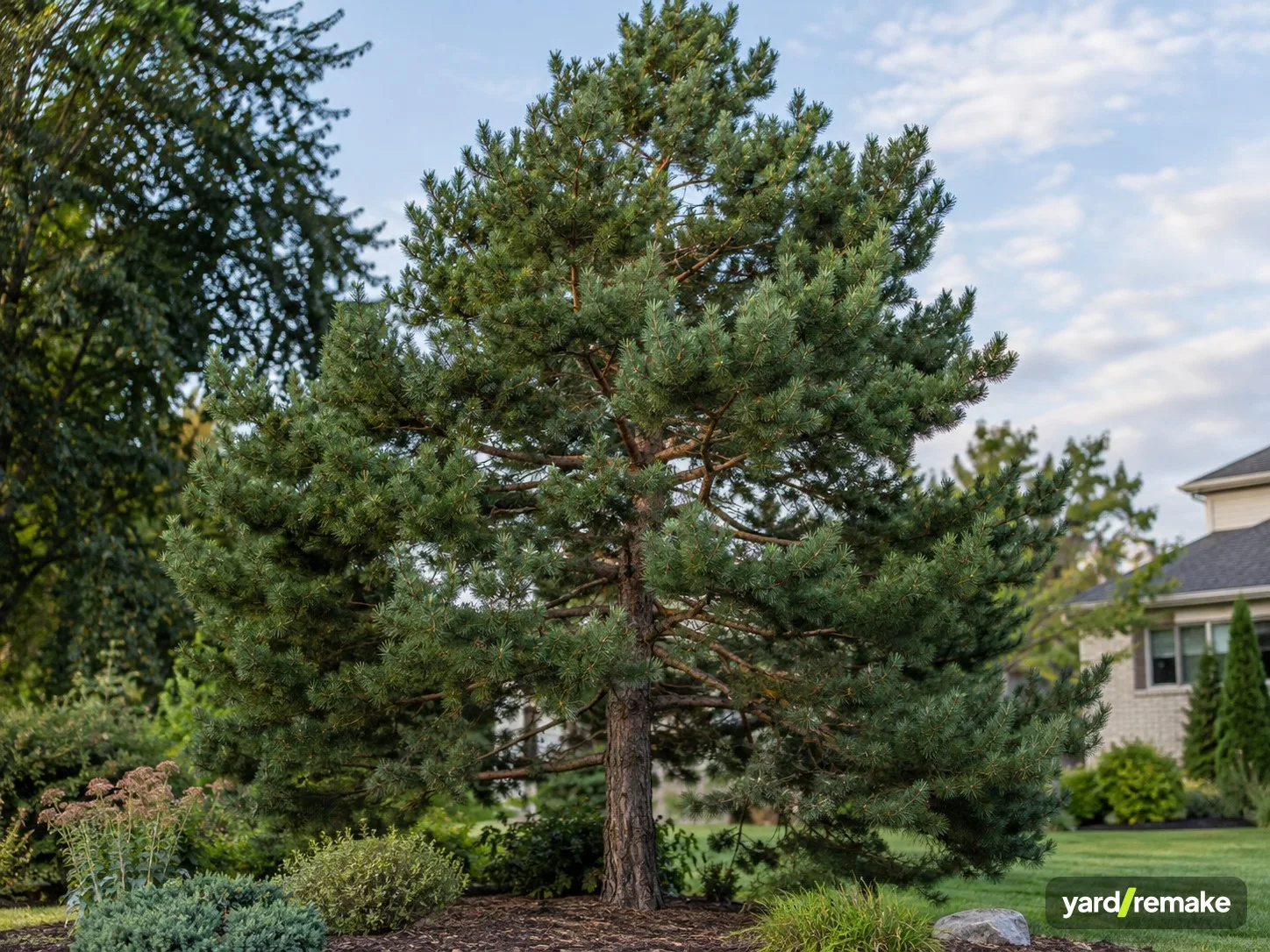A mature Scotch Pine (Pinus sylvestris) growing in a residential garden bed