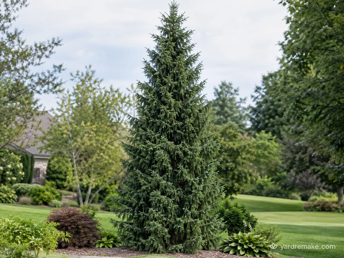 A mature Serbian Spruce (Picea omorika) growing in a residential garden bed