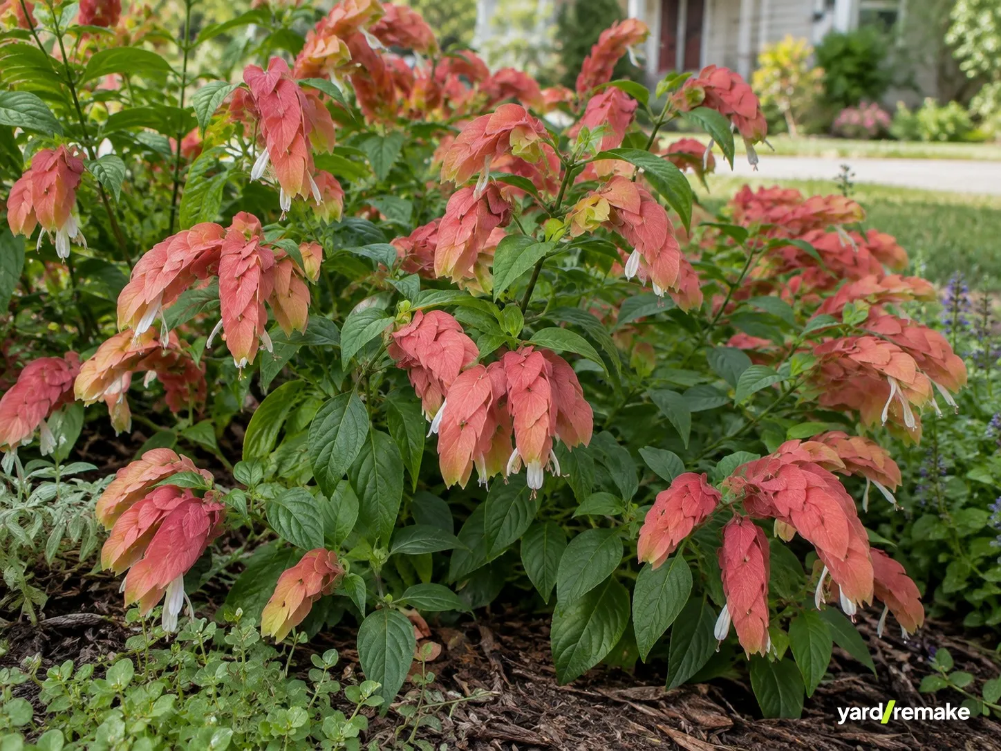 A mature Shrimp Plant (Justicia brandegeeana) growing in a residential garden bed