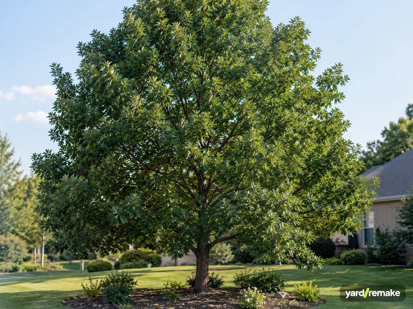 A mature Shumard Oak (Quercus shumardii) growing in a residential garden bed